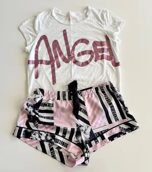 Victoria's Secret - Angel PJ Shorts and Tee in White Pink & Black thumbnail 1