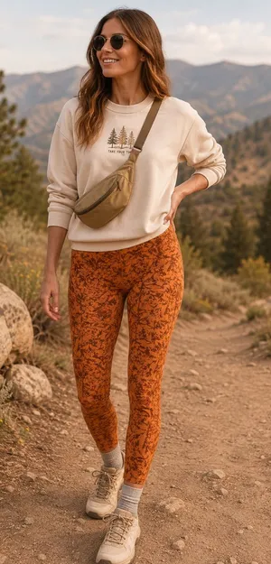 REI Co-Op Take Your Time Orange Brown Leaf So Soft 7/8 Pockets Athletic Leggings thumbnail 1