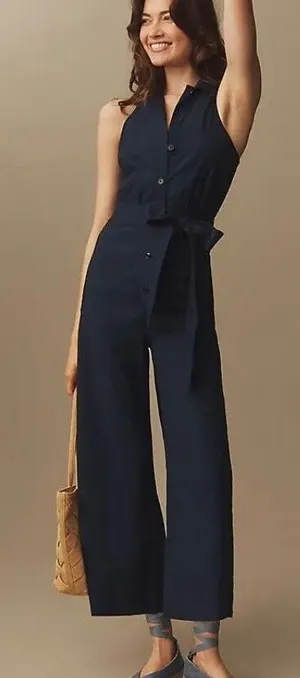 Maeve by Anthropologie Navy Halter Button-Front Sleeveless Jumpsuit - Size - 12 thumbnail 1