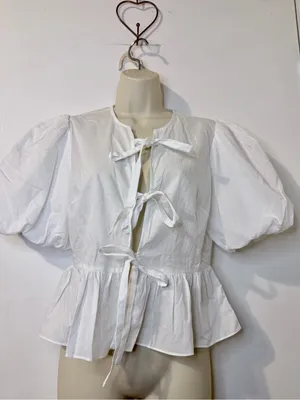 Playa Lucila White Puff Sleeve Peplum Tie Front Blouse S thumbnail 4