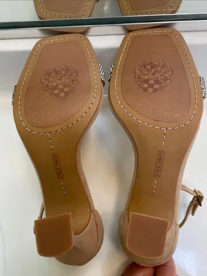 Vince Camuto Women’s Suede Leather Tan Rhinestone Embellished Square Toe Heels thumbnail 7