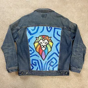 American Eagle Outfitters Denim Oversized Jacket Hand Painted Lion Size S thumbnail 2