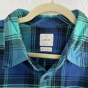 Gap Plaid Lived-In Cotton Long Sleeve Button Down Shirt Blue Aqua Size XL thumbnail 10