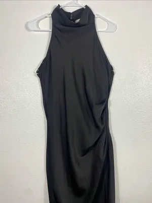 Hello Molly Black Halter Satin Maxi Dress with Side Slit Size L US8 thumbnail 5