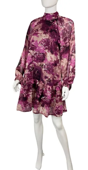 Entro Boutique Shirred‎ High Neck Tiered Mini Dress Size Small Floral thumbnail 1