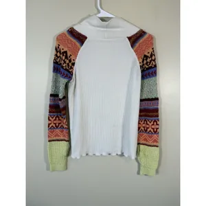 Free People Mixed Knit Cowl Neck Sweater S Boho Patchwork Fair Isle Sleeve Prism thumbnail 4