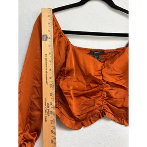 Forever 21 Rust Orange Satin Ruched Smocked Back Long Sleeve Crop Top Small thumbnail 6