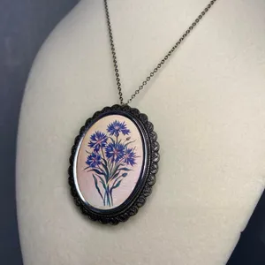 BLUE CORNFLOWERS BROOCH PIN NECKLACE CHAIN thumbnail 3