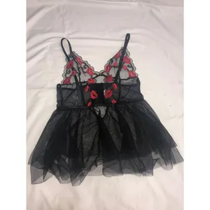 Babydoll Cami Med Black Red Embroidered Goth Fairy Slip Sexy Lips Lingerie Y2K thumbnail 3