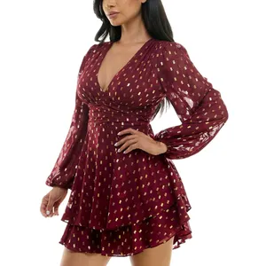 NWT B. Darlin Double Tiered Chiffon Sheer Puff Sleeve Dress Wine Red / Gold 1/2 thumbnail 3