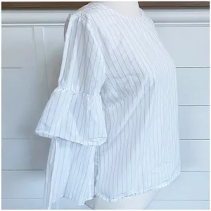 Madewell Tiered‎ Ruffled Flare Accent Sleeves White Grey Striped Blouse - XS thumbnail 5