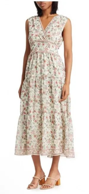 Max Studio Floral V-Neck Tiered Maxi Dress Smocked Back Sleeveless Size XS thumbnail 1