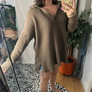 Free People Travis Oversized Green Waffle Knit Thermal Polo Military Olive thumbnail 3