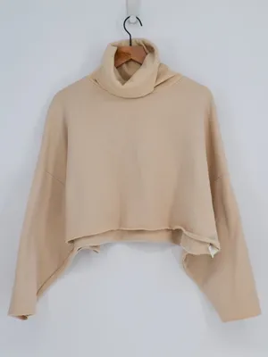 Oak + Fort Cropped Turtleneck Sweatshirt Beige S Tan thumbnail 1