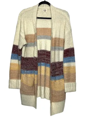 BiBi Fuzzy Eyelash Knit Stripe Cardigan Sweater Cream Open Front Size Large thumbnail 1