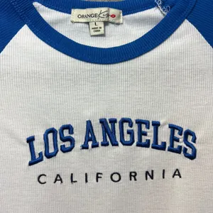 Orange Kiss Los Angeles California Ribbed Baby Tee Size‎ L Blue White Y2K Retro thumbnail 2