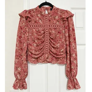 Milk & Honey Pink Floral Ruched Lace Ruffle Blouse Sheer Romantic Top Small thumbnail 2