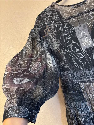 NEW! ZARA Black Gray Paisley Tiered Mini Dress SMALL Semi Sheer Balloon Sleeves thumbnail 9