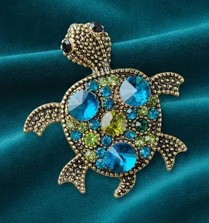 Gold Tone Turtle Brooch with Blue and Green Rhinestones thumbnail 1