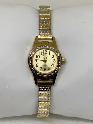 Women gold silver tone watch 20mm round case quartz analog stretch 6.5” running thumbnail 1