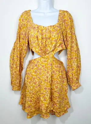 Free People Jael Printed Mini Dress Size Medium Cut Out sides Yellow Floral thumbnail 1