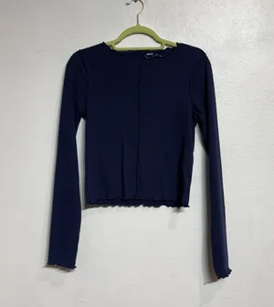 Aerie Navy Ribbed Cropped Long Sleeve Top Sz M thumbnail 2