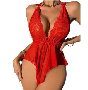 Boutique Red Lace Lingerie Bodysuit Babydoll Sheer Stretch Teddy, Romantic Sleepwear thumbnail 1