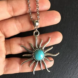 Boho Sunflower Pendant Silver Chain Necklace Cracked Coastal Turquoise Pattern thumbnail 2