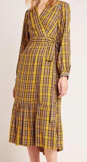 Anthropologie Dalton Plaid Wrap Midi Dress Size: S thumbnail 1