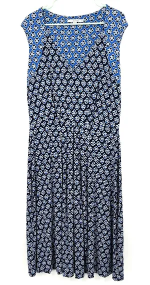 Boden Size US 14 Short Sleeve V-Neck‎ Midi Dress Blue Black Flower Print Pattern thumbnail 1