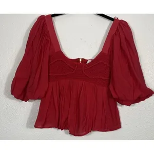Sofie the label Red Puff Sleeve Smocked Ruffle Cropped Top Square Neck Size S thumbnail 3