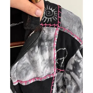 Nepal 100% Cotton Patchwork Tie Dye Peace Sign Zip Up Hoodie Black Pink Sz L/XL thumbnail 5