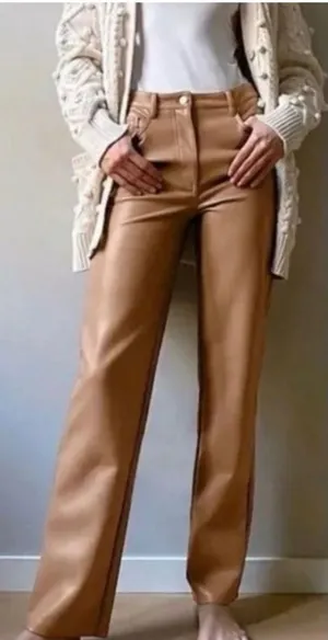 Wilfred Melina‎ Vegan Leather Pants Women 0 Tan Brown Camel High Rise Straight thumbnail 1