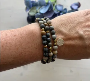 Beaded Stretch Bracelet Set Natural Stone Gray‎ Brown Gold Charm Boho Stacking thumbnail 1