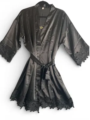 Black Bridesmaid Satin Lace Kimono Robe‎ With Tie Sash Large thumbnail 1