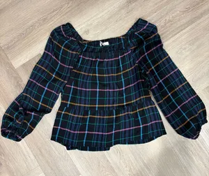 LOFT Black Navy Plaid Off-Shoulder Peplum Long-sleeve Blouse Size L thumbnail 1