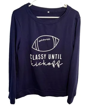 Women's Size Small Crewneck Sweatshirt Navy White Classy Until Kickoff Football thumbnail 1