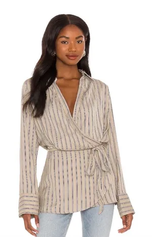 Free People Arlo Wrap Plunge Neckline Striped Long Sleeve Top Blouse Small thumbnail 1