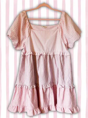 BiBi Cute Pink Pastel Stripe Ruffle Tier Puff Sleeve Babydoll Summer Dress Sz XL thumbnail 1