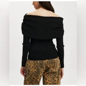 🆕 Y2K Ribbed Knit Off-Shoulder Long Sleeve Top Sexy Ruched Pullover thumbnail 5