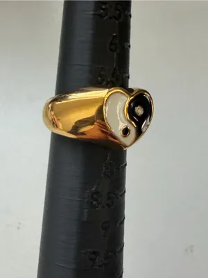 Gold Heart Yin Yang Enamel Ring - Black & White thumbnail 3