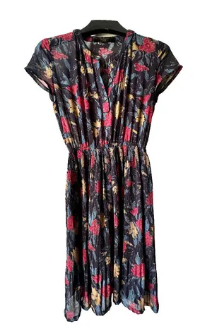 Vintage Ark Reworked midi dress black w/floral pattern and black lining Sz 6 thumbnail 1