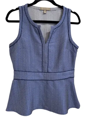Banana Republic Peplum Top Blue White Geometric Notch Neck Sleeveless Size 8 thumbnail 2