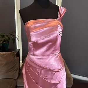 Women’s Pink One Shoulder Satin Dress Mermaid Fit Leg Slit Corset Size 8 *READ thumbnail 2