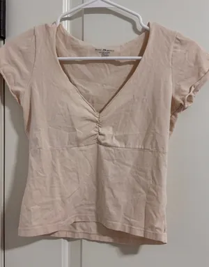 Brandy Melville Pale Pink V-Neck Ruched Short Sleeve Top thumbnail 1