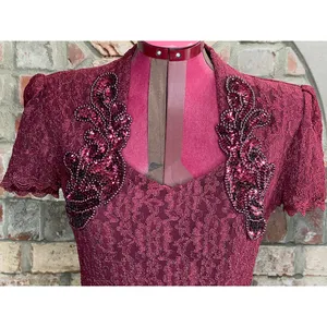 formal dress prom maroon wine red lace beaded fringe thumbnail 4