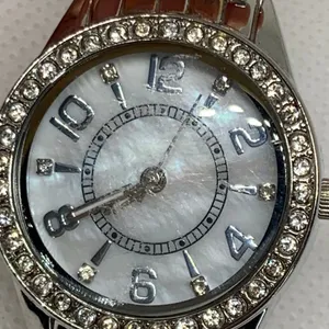 Women quartz watch gold silver tone 28mm round mop dial rhinestones running thumbnail 3
