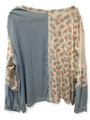 L POL Light Blue and Floral Patchwork V-Neck Top thumbnail 3