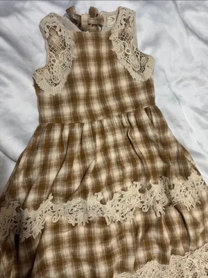 Mia joy Brown Plaid Dress with Cream Lace Yoke thumbnail 3