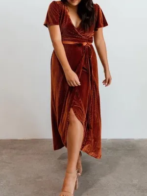 NWT Baltic Born Andi Dress Sz XXL Copper Ribbed Velvet Wrap Maxi Flutter Sleeve thumbnail 7